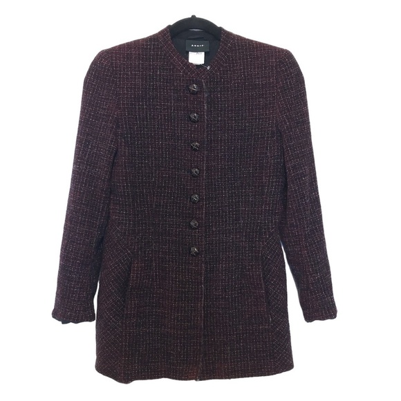 AKRIS Blazer Jacket Women’s Size 6 Tweed Long Button Front Burgundy Multicolor - Picture 14 of 14